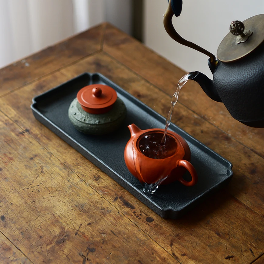 Natural Stone Tea Tray Rectangular Black Basalt Handmade Classic Premium Kung Fu Tea Set Plate Home Tea Table Desktop Decor