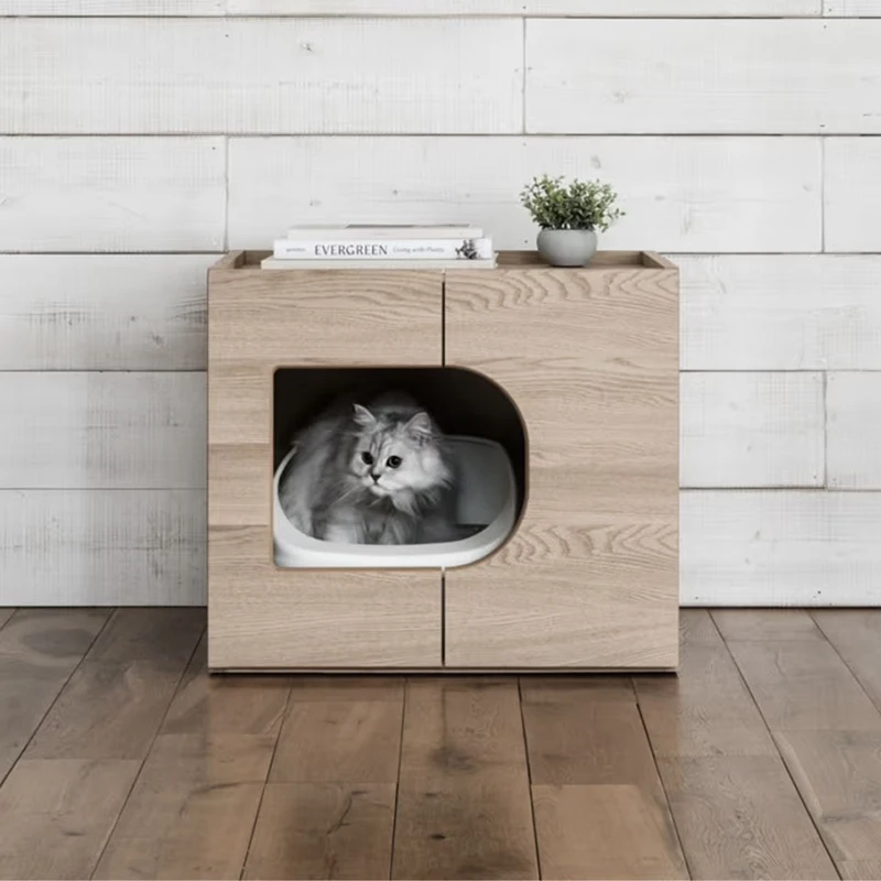 *e d Litter Box Cabinet Solid Oak/Walnut Wood with Integrated Storage Cat House Indoor d Premium Home Decor&