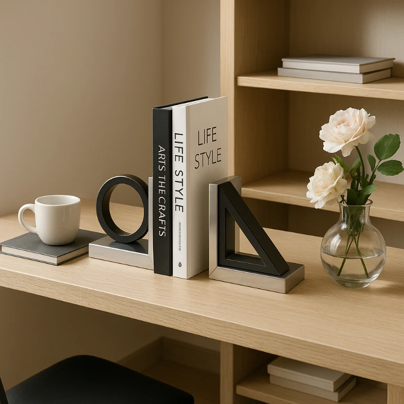 Modern Marble Bookends Geometric Stainless Steel Desk Organizer Premium Home Office Decor Study Gift for Book Lovers