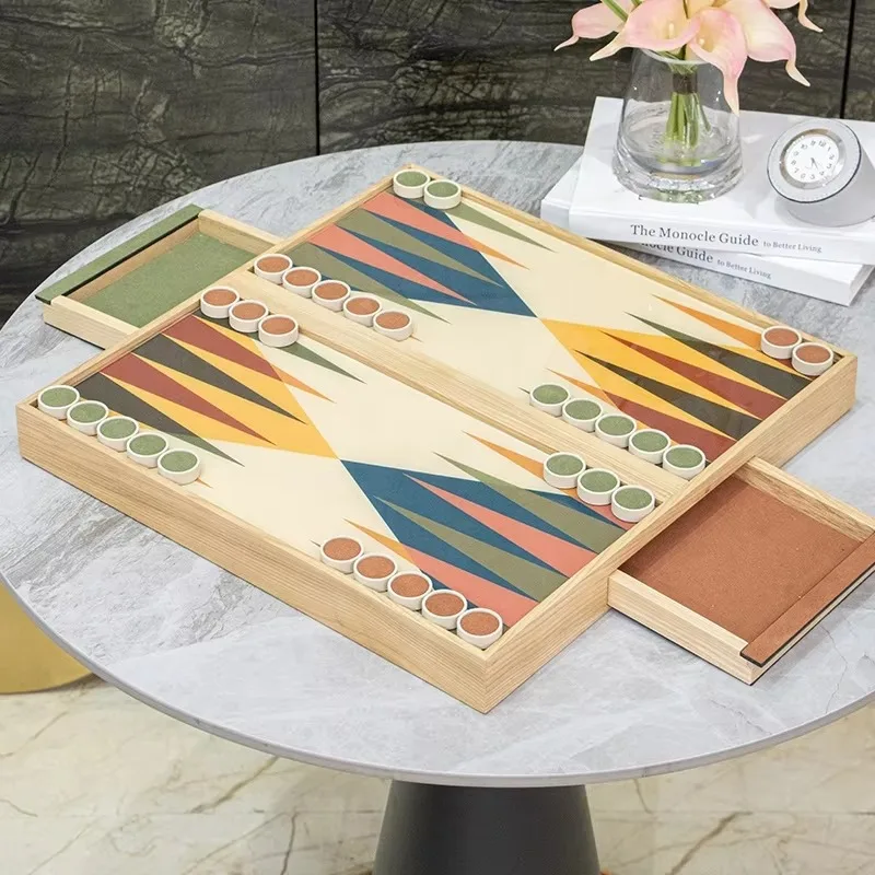 Elegant Modern Waterproof Home Decor Premium Wooden Backgammon Set with Colored Kaleidoscope Design