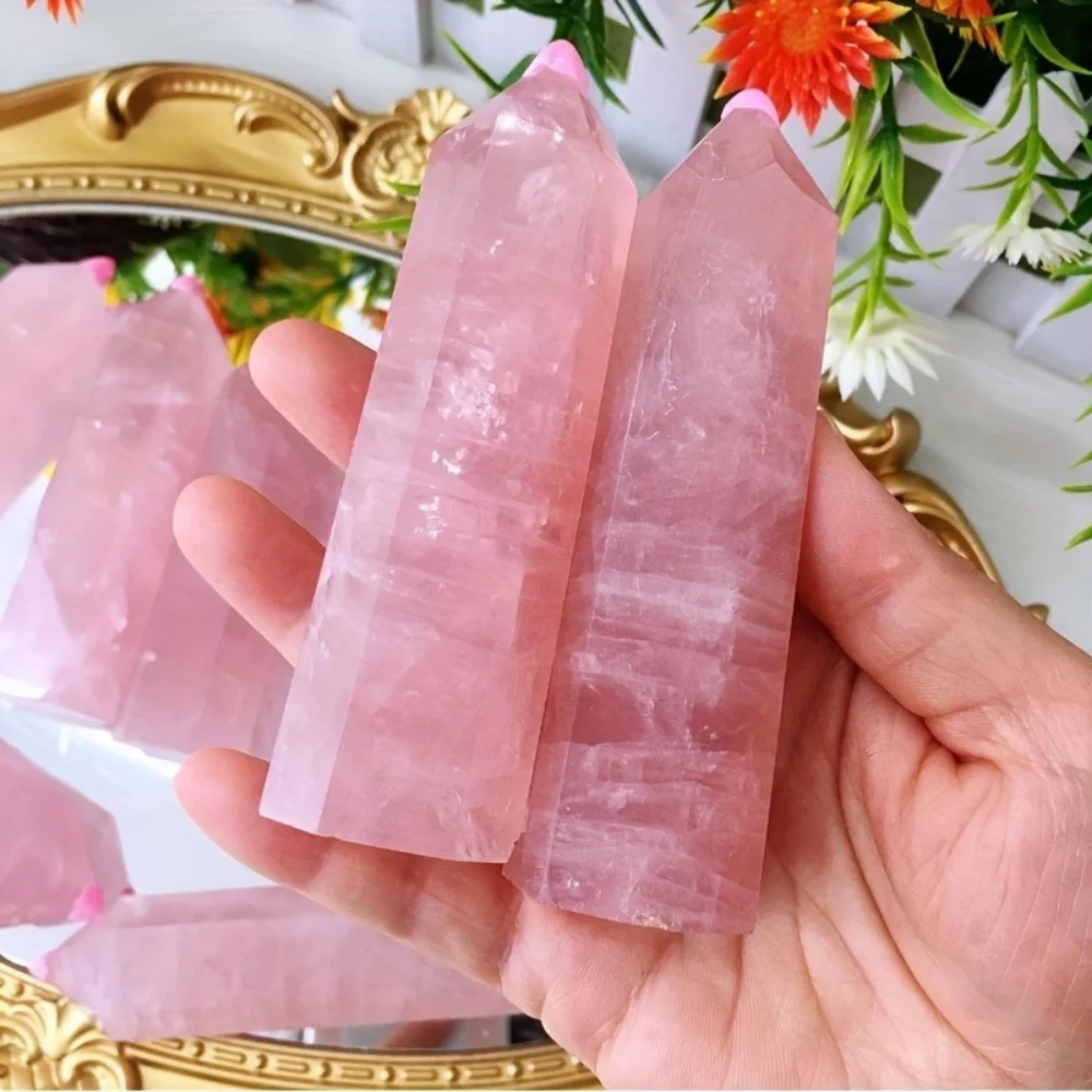 4.33inch Premium Pink Quartz Tower Smooth Hexagonal Prism Meditation Magic Wand Healing Gemstone Crystal Tower for Home Decor