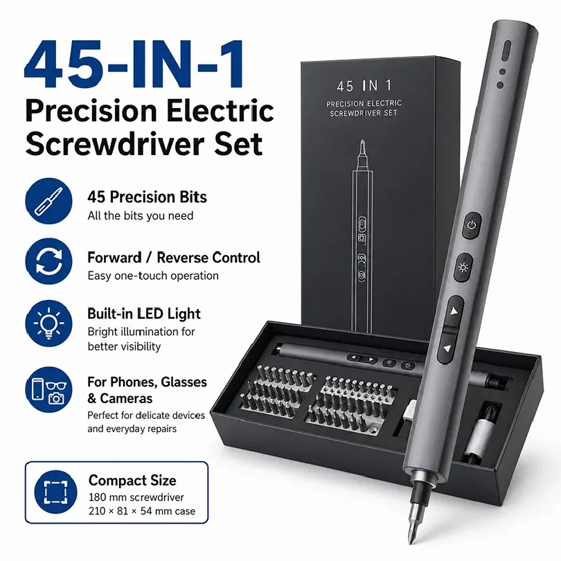 45-in-1 Rechargeable Precision Electric Screwdriver Set LED Light Mini Power Driver Kit S2 Steel Bits Phone PC Watch Repair Tool