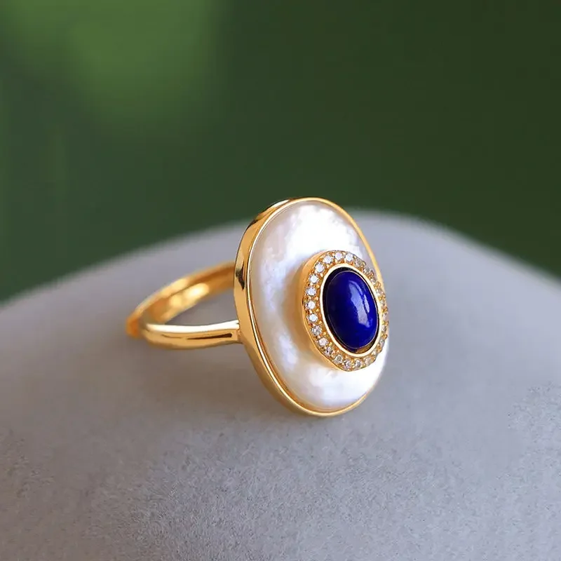 Vintage lapis lazuli engagement ring adjustable white fritillaria oval rings for women high-end classic Light luxury jewelry