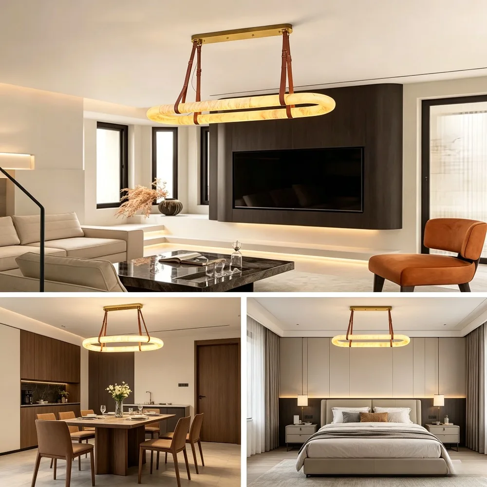 Oval Marble Chandelier with Leather Belt European LED Ring Suspension Luminaire for Living Room Kitchen Table Height Adjustable