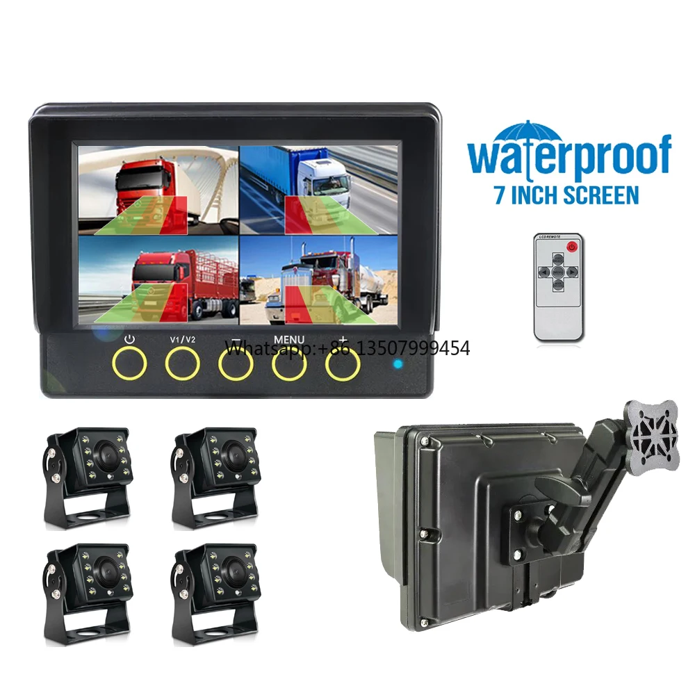 AHD 7 Inch Waterproof Screen Quad Monitor With 4ch BSD Backup Cameras for Heavy Duty Trucks Excavator Mining Car Forklift