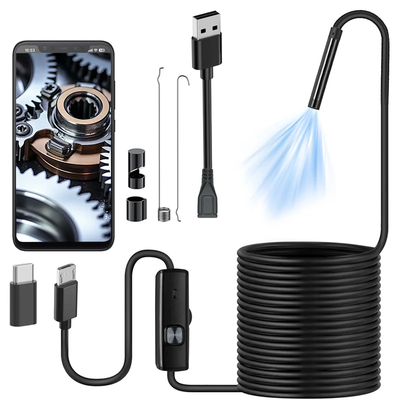 2MP Waterproof Endoscope 8mm Borescope Adjustable LED Type-C USB Plumbing Borescope Automotive Inspection for Android PC Devices