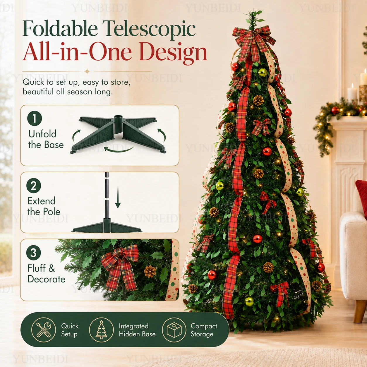All-in-one Retractable Christmas Tree with Ornaments LED Lights High-end Foldable Christmas Tree 180CM Home Christmas Decoration