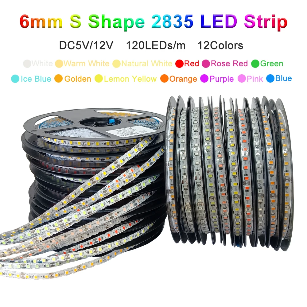 DC5V 12V S Shape 2835 SMD LED Strip 6mm Width Bendable 120LED/m Flexible Foldable Light For DIY Neon Sign Letter 12Color 1m-50m