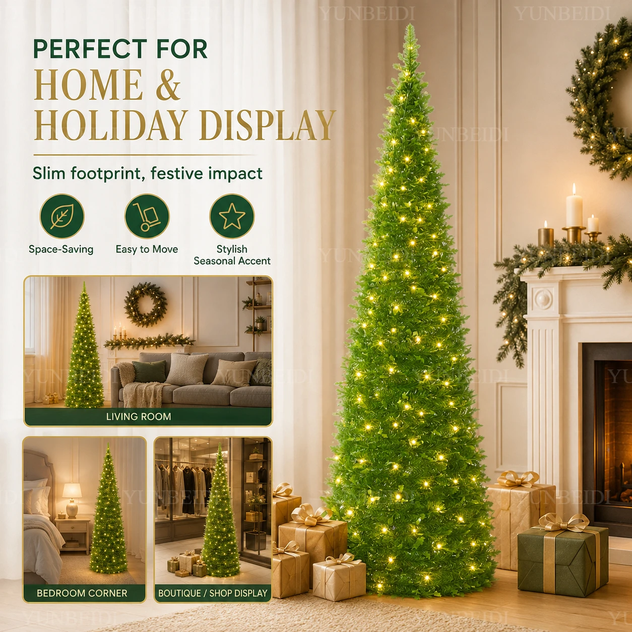 Foldable Artificial Christmas Tree with Ornaments LED Lights Integrated Christmas Tree 120CM To 210CM Home Christmas Party Decor
