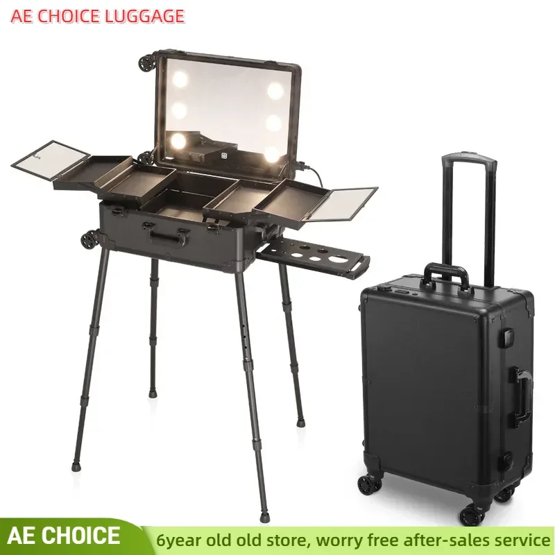 Travel folding cosmetic trolley case, professional makeup table with LED mirror,trolley cosmetic luggage,rolling luggage case