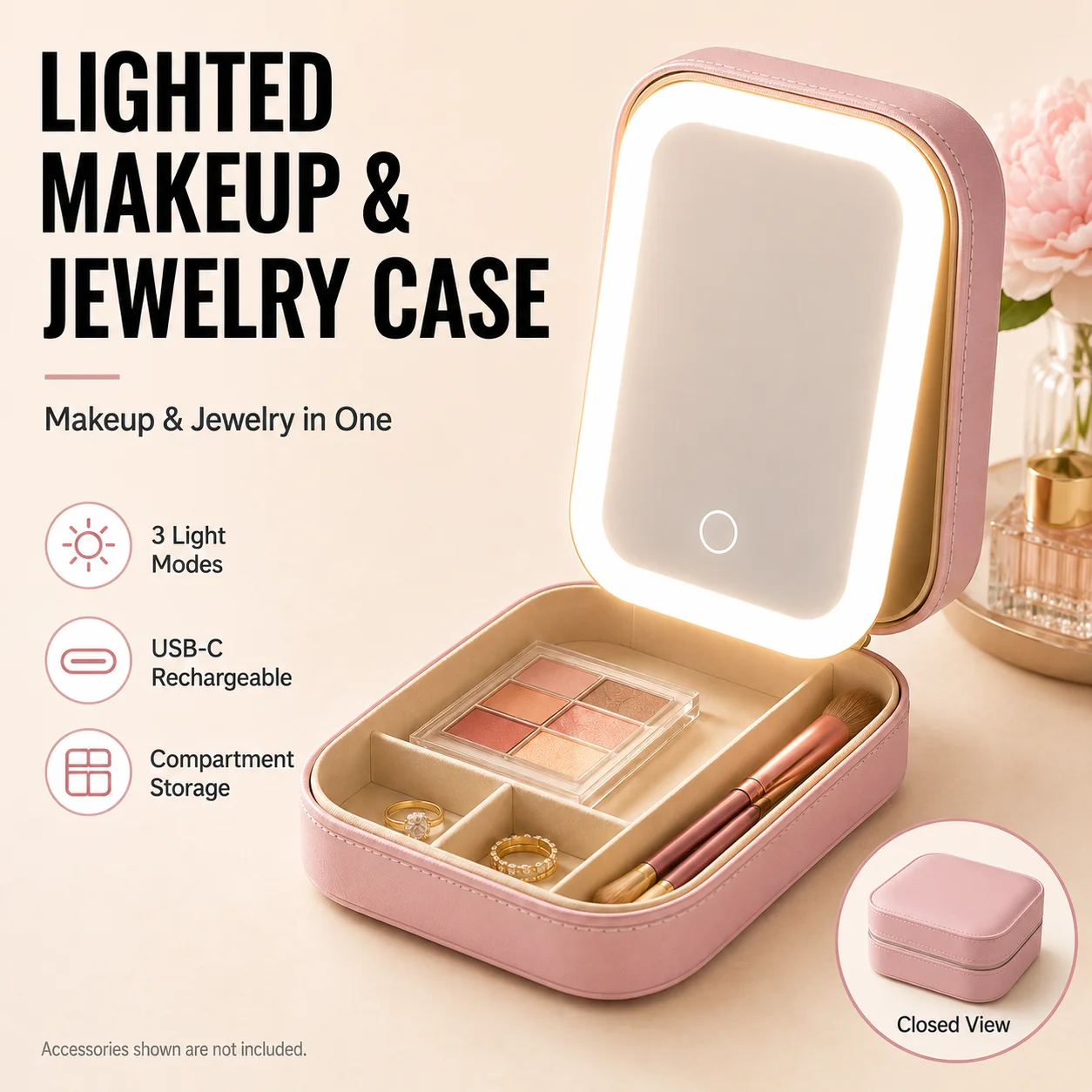 LED Light Makeup Mirror with Jewelry Box 2 in 1 Portable Travel Cosmetic Mirror with Storage 3 Color Dimmable Light USB Recharge