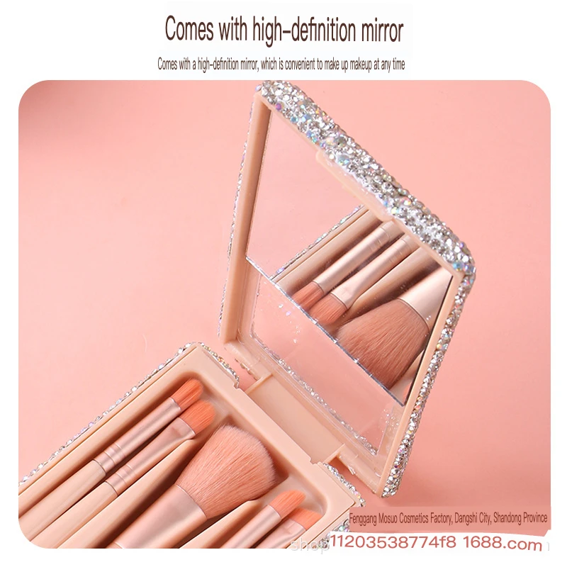 Diamond Set Mini Makeup Brush Travel Portable Box with Mirror - Compact Tool Kit for On-the-Go Beauty Essentials