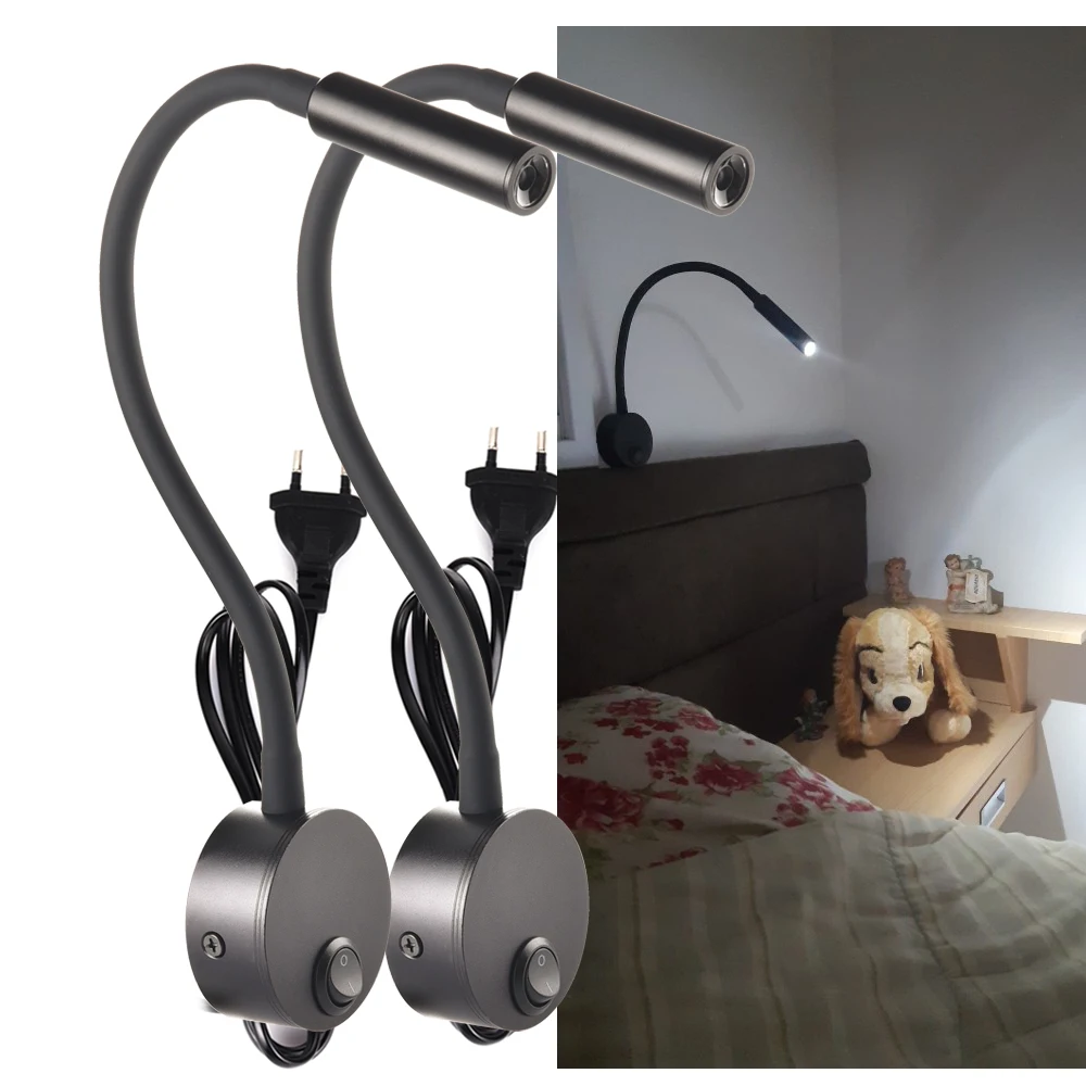 2pcs LED Wall Lamp 3W for Bedside Study Reading Book Lamp Black Silver White Wall Light EU US Plug Cord