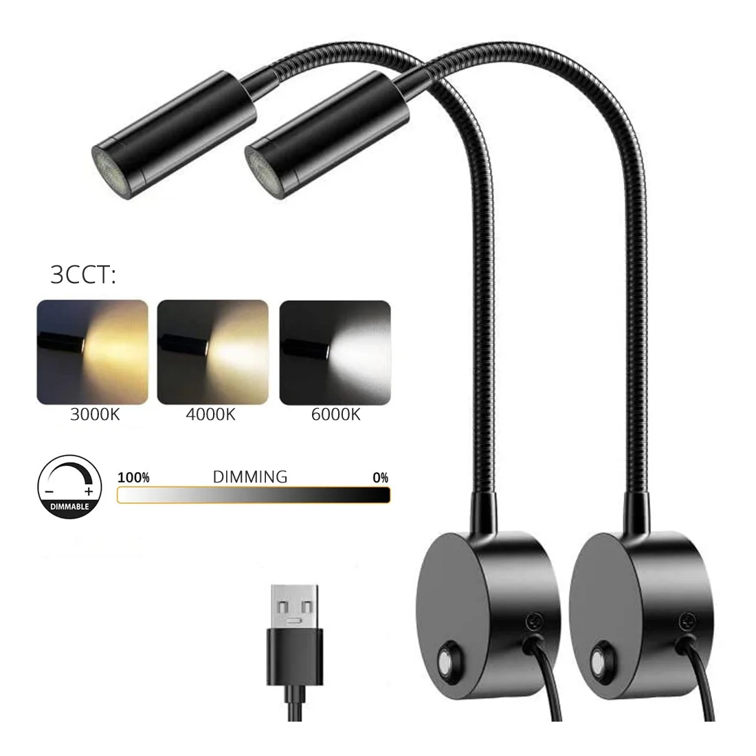 Dimmable 3CCT 5V USB Hotel Bedside Reading Wall Lamp Sconces 3W Working Study LED Book Night Light Fixtures Gooseneck Adjustable