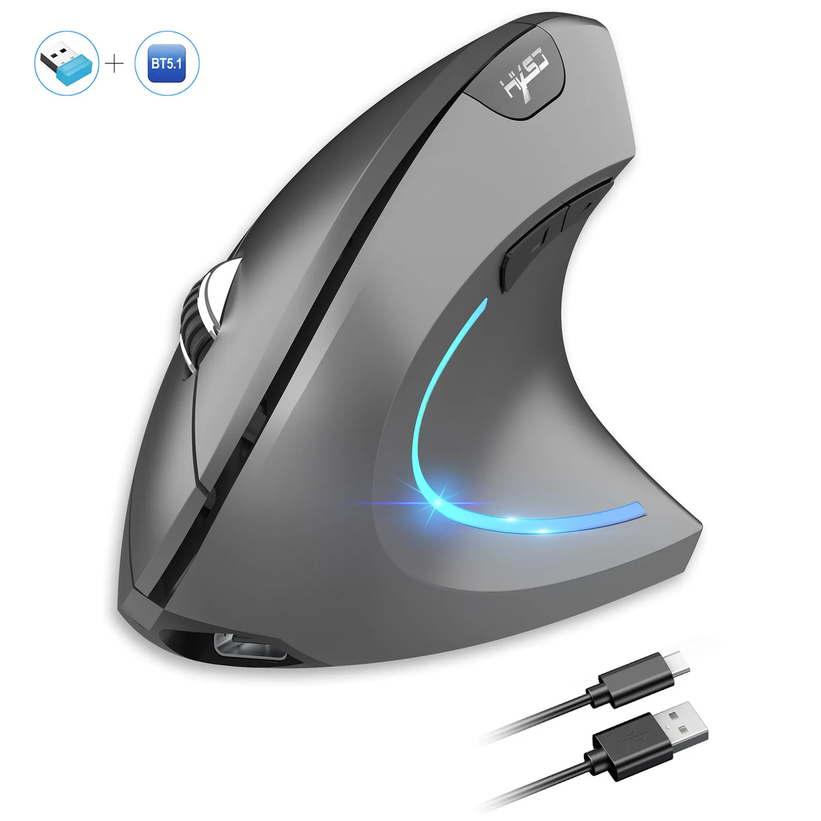 Ergonomic Vertical Wireless Mouse 2.4G Bluetooth 5.1 Dual Mode Rechargeable 4-Speed Adjustable DPI LED Light Silent Click Mice