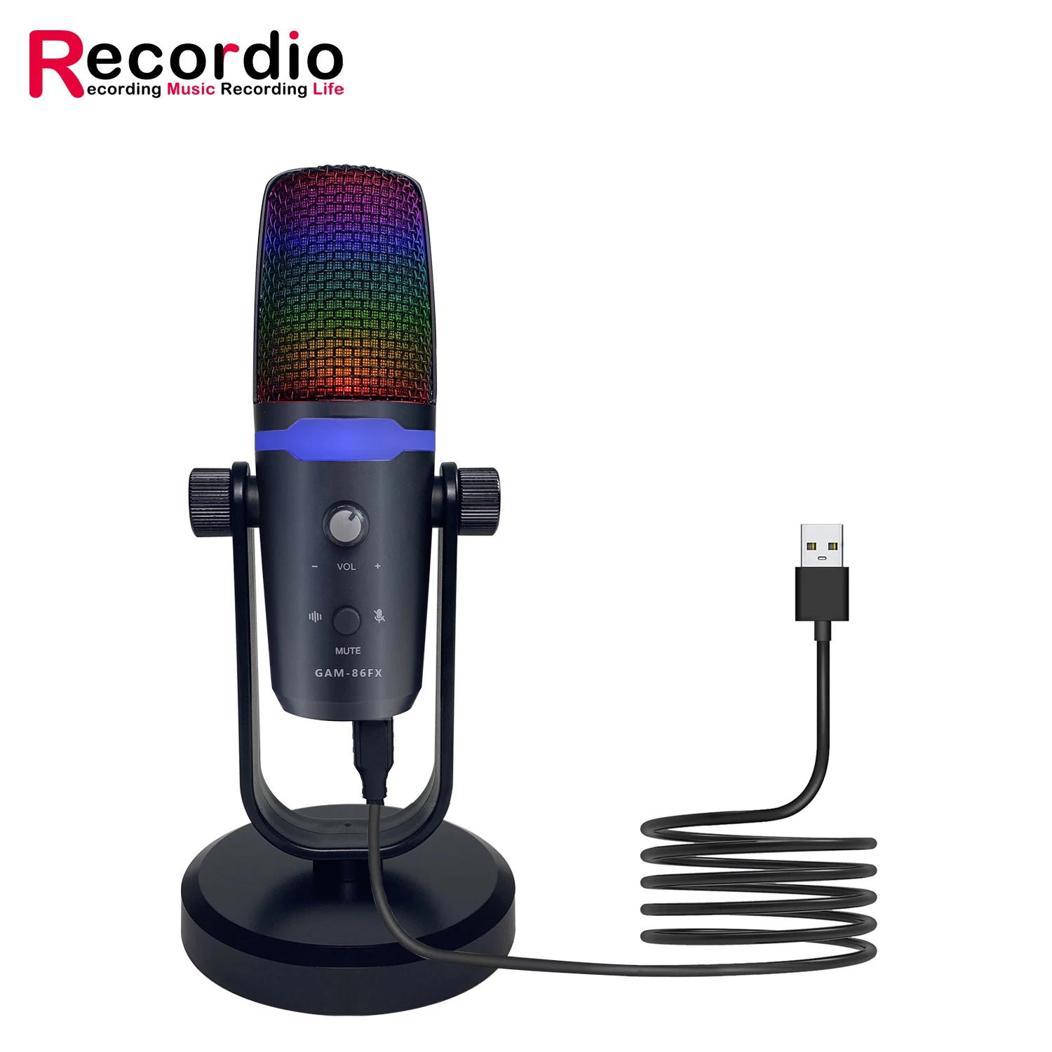 GAM-86FX USB Microphone Computer Condenser Gaming Mic for PC Laptop Phone Headphone Output Volume Control USB LED Mute Button