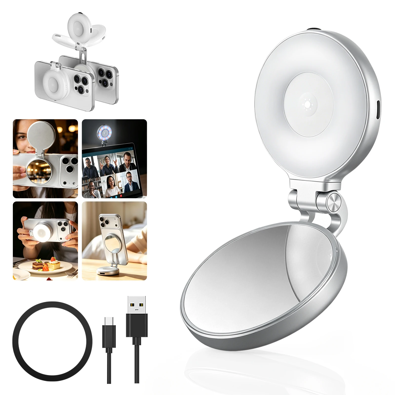 TELESIN Magnetic Light Portable Selfie Light for iPhone 16 15 14 13 12 Pro Max Rotatable Led Light and Phone Stand Makup Mirror