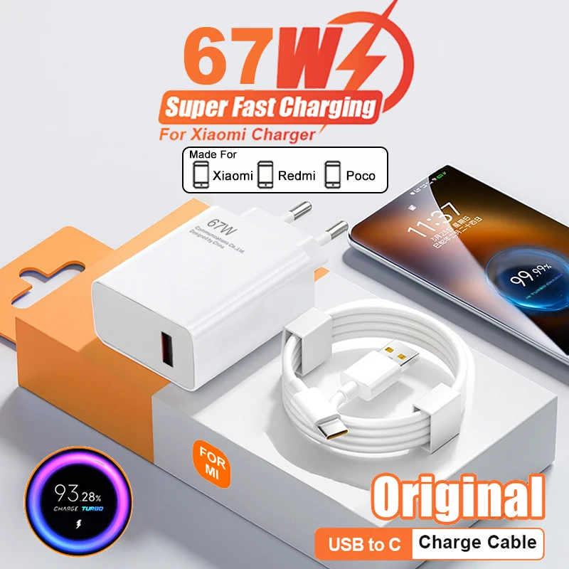 Original 67W Quick Charger For Xiaomi 14 13 12 11 Ultra Redmi Note 12T Pro Turbo Samsung Charge USB Type C Fast Charging Cable