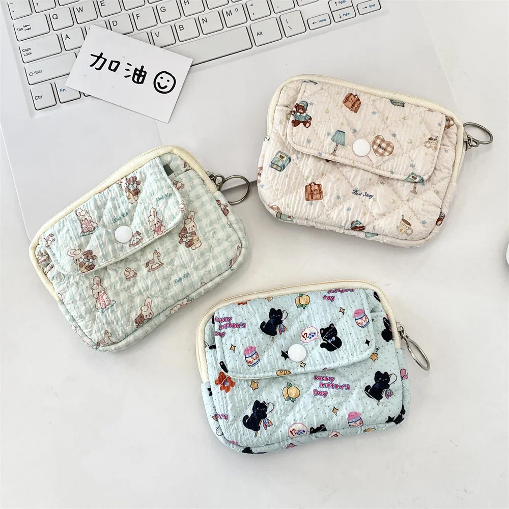 Cute Cartoon Quilted Flip Card Holder Women Mini ID Bag Multifunctional Zipper Coin Purse Portable Credit Card Storage Wallet