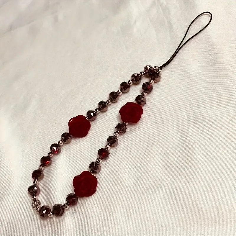 1PCS Wine Red Rose Flower Phone Chain Charm Resin Beads Phone Chain Cellphone Strap Wallet Camera Bag Decor Jewelry Accessories
