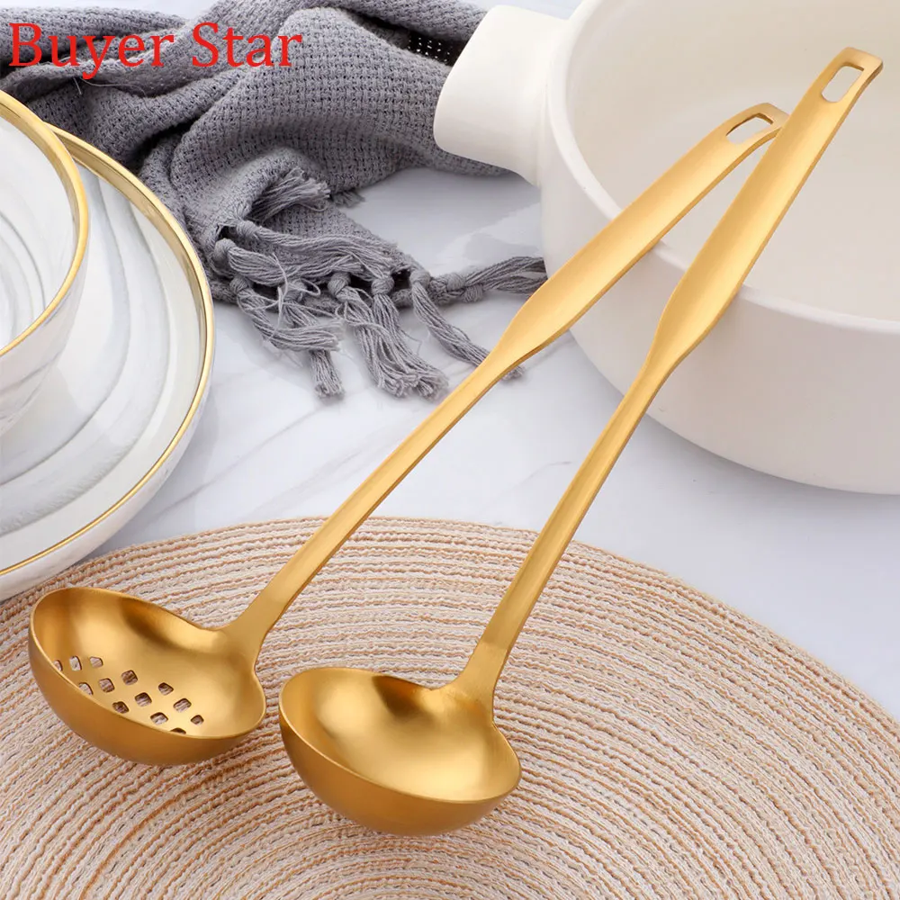 2Pcs/Set Gold Spoon Stainless Steel Soup Ladle Scoup Skimmer Long Handle Cooking Tool set Table Kitchen Accessories for Hot Pot