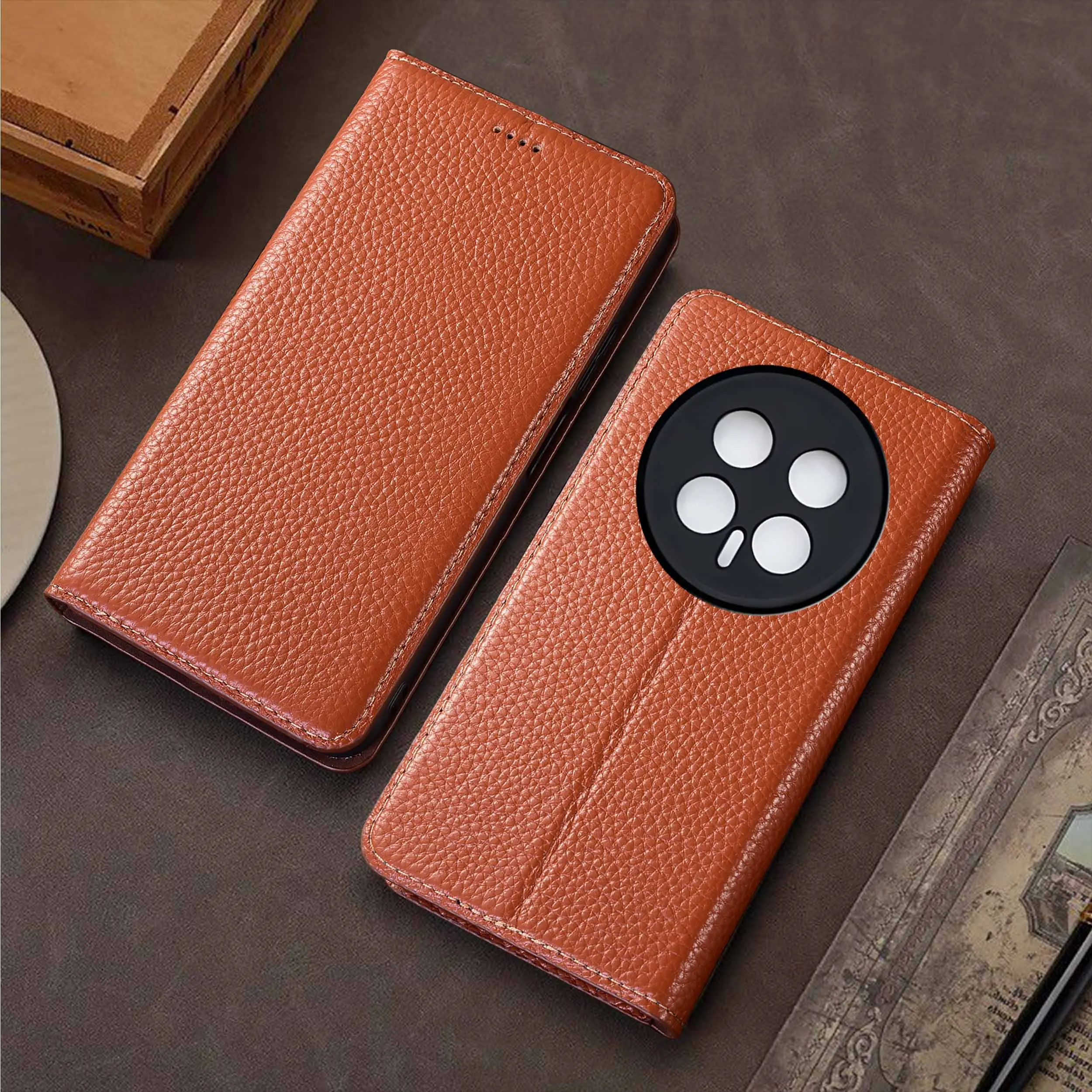 Genuine Leather Phone Case For Honor Magic 5 6 7 8 Pro Lite Large Lychee Pattern Of Wallet Flip Cover Case Cowhide Scratch-Proof