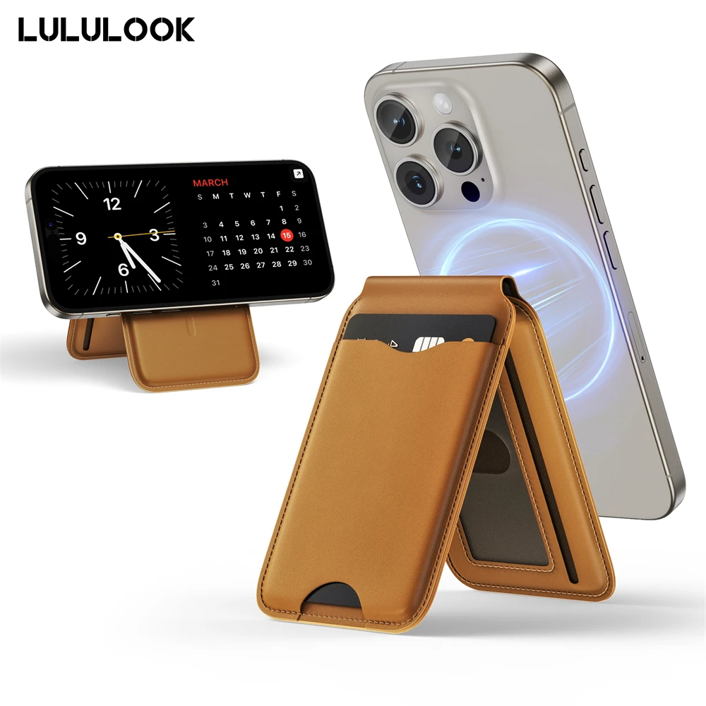 LULULOOK Magnetic Wallet Card Holder Leather Phone Stand For iPhone 16 15 14 13 17 Pro Max Magsafe Folding Wallet Card Bracket