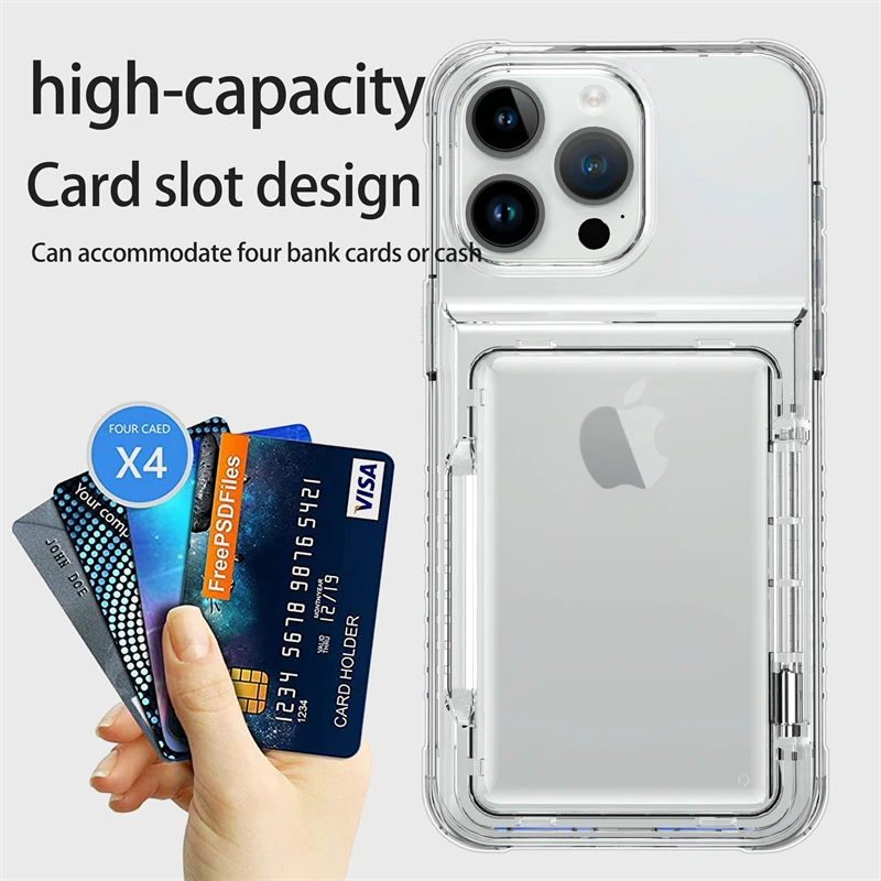 Transparent Card Slot Bag Holder Phone Case For iPhone 15 14 16 Pro 13 12 17 Pro Max Clear Wallet Silicone Shockproof Back Cover