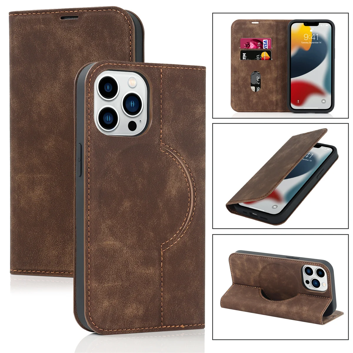Luxury Skin Feel Wallet Magsafe Leather Case for iPhone 15 Pro Max 12 13 Mini 14 Plus Magnet Closure Wireless Charging Flip Case