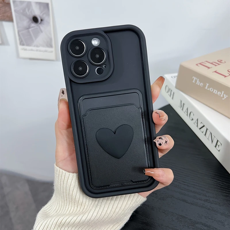 3D Love Heart Card Bag Slot Holder Pocket Case For iPhone 16 15 14 13 12 11 17 Pro Max XS X 7 8 Plus Shockproof Silicone Cover