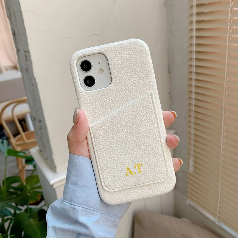 Customized Name Personalise Initials Letters Leather Card Holder Phone Case For iphone 13 Pro Max 12 11 14 Pro 15 Pro Max MiNi