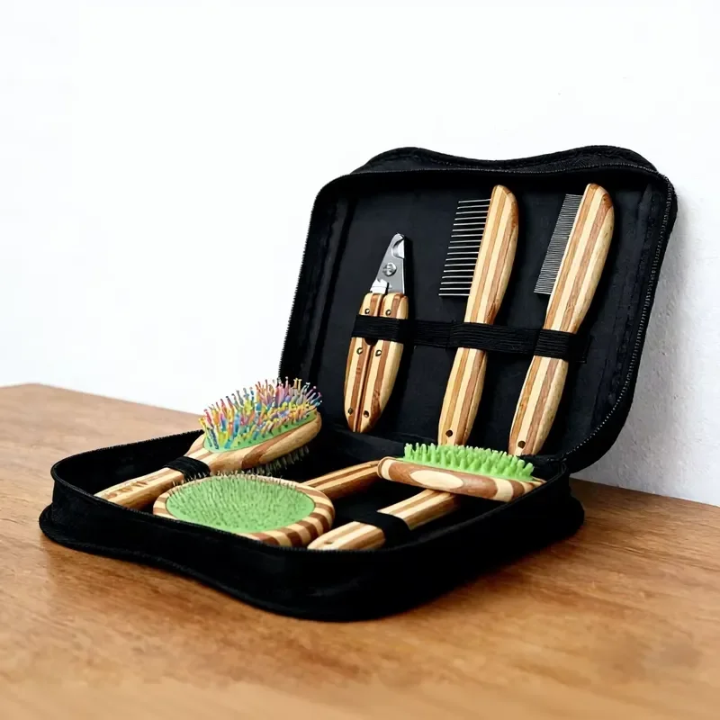 for Professional Portable Pet Grooming Kit 5 Piece Complete Set Travel Case Self Cleaning Slicker Brushes Dematting Iron