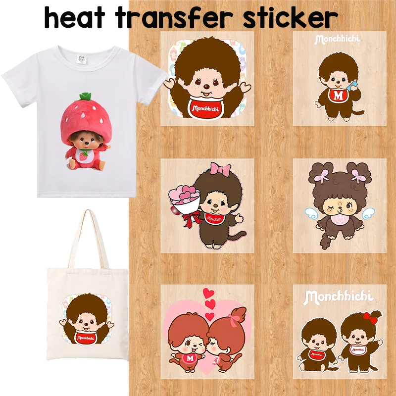 Monchhichi Heat Transfers Sticker Anime Cartoon T-shirt Patche Iron Transfer Sticker Cute Kawaii Thermal Decal DIY Birthday Gift