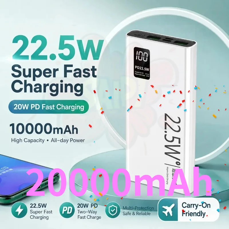 2027 Brand New Power Bank 22.5W Super Fast Charging Ultra Slim Portable Digital Display 20000mAh for Travel Daily Use