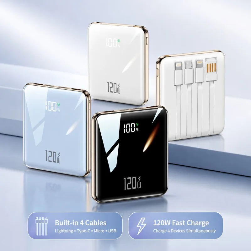 20000mAh Power Bank 120W Fast Charging Portable Charger with Built-In Cable, Slim Mini Battery Pack for Travel