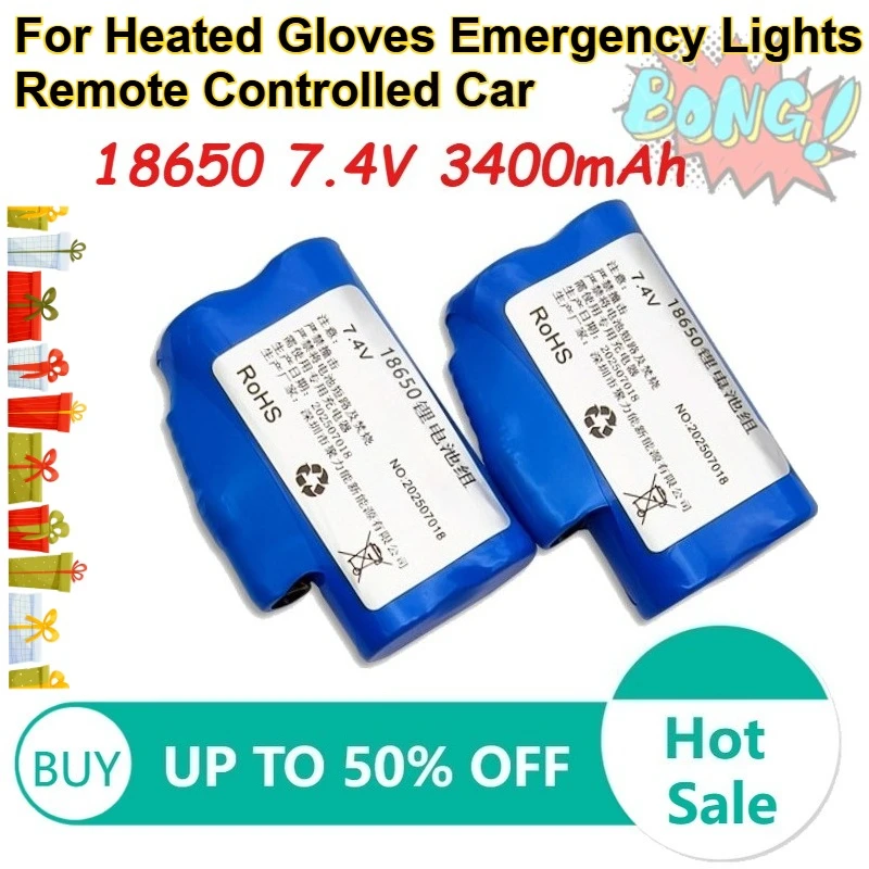 18650 7.4V Rechargeable Lithium Batteries 3400mAh for Heated Gloves Vacuum Cleaner Emergency Lights Remote Controlled Car
