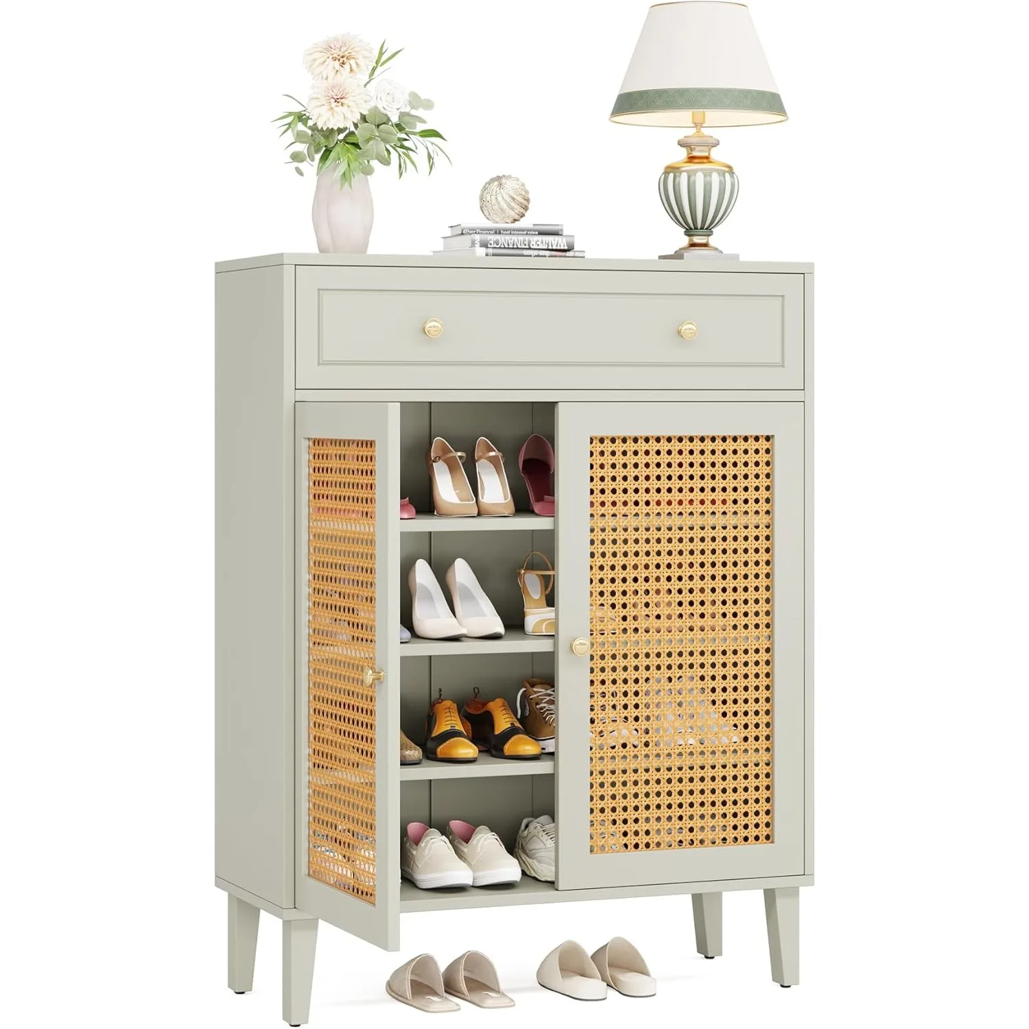 #Shoe Cabinet with Doors and Drawer, Rattan Shoes Cabinet with Adjustable Shelf, Wooden Shoe Organizer for Hallway, Living Room