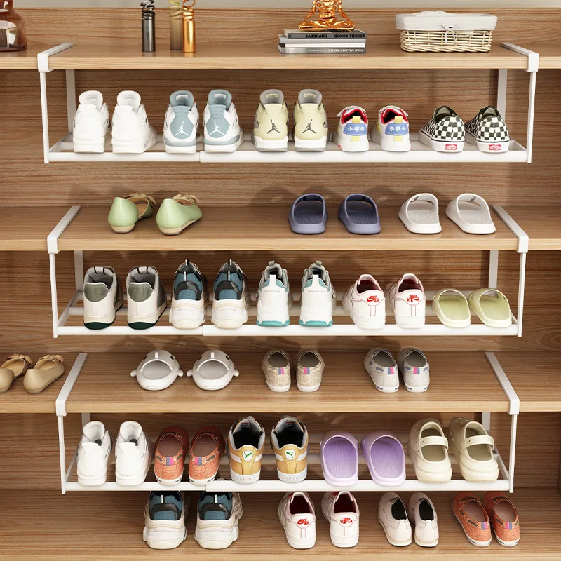 Lengh Adjustable Shoe Rack | Space-Saving Layered Organizer For Home Shoe Cabinets | Under-Shelf Shoe Holder With Hanging Basket