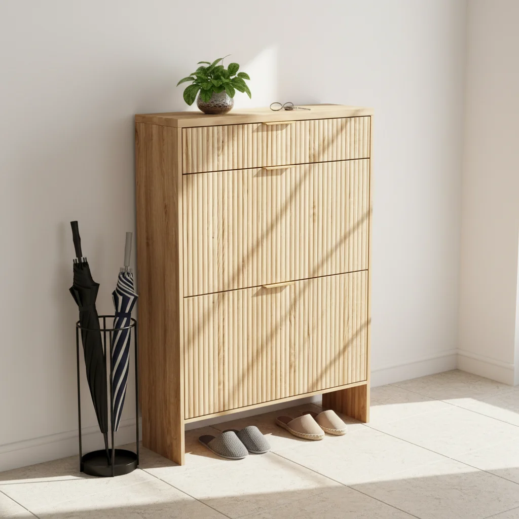 xx-Modern Light Color Wood Shoe Cabinet with Adjustable Shelves One Drawer Freestanding Large Capacity Hotel Shoe Organizer*