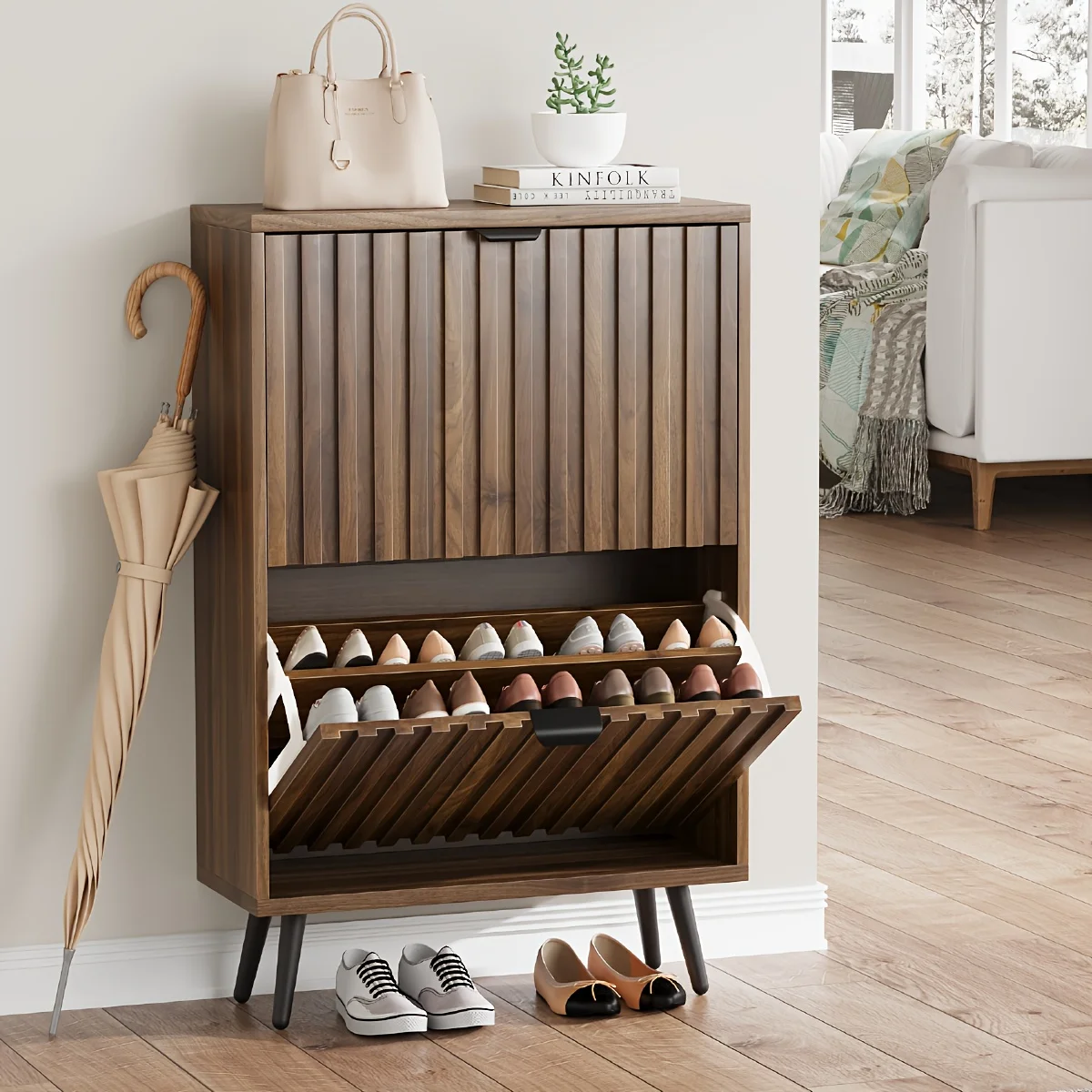 Freestandom Suitable for Shoe Storage Cabinet with 2 Flip-Door Drawers - Adjustable Shelves, Freestanding Hidden Shoe Organizer