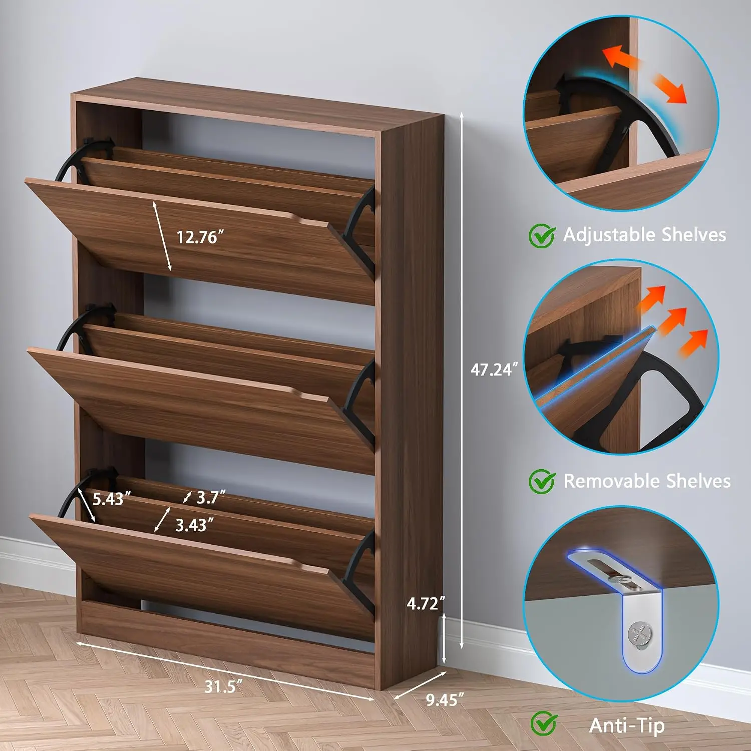 Shoe Cabinet with 3 Flip Drawers, Slim Narrow Shoe Storage Cabinet, Freestanding Shoe Organizer with Adjustable &, Customized