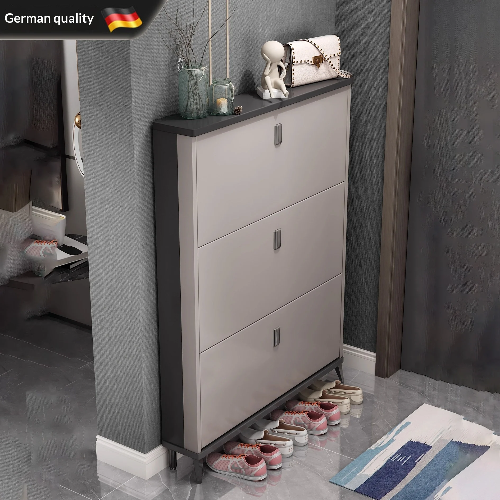 Modern Luxury Slim Tipping Shoe Cabinet Eco Friendly Board Adjustable Removable Shelf Large Capacity Entryway Storage Shoes Rack