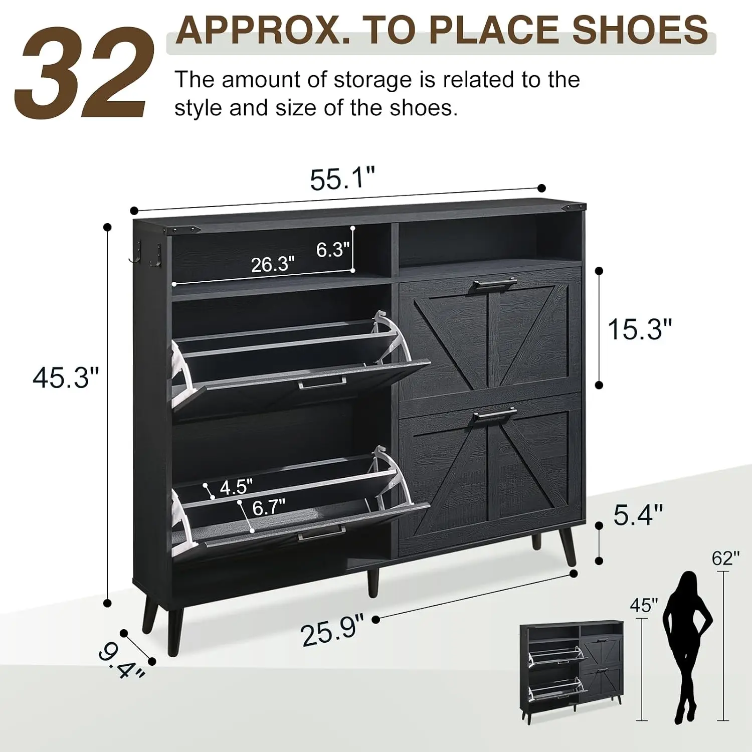 Hidden Slim Narrow Shoe Rack Cabinet,Barn Door,Adjustable Shelves,Freestanding Shoes Organizer for Entryway,Hallway, Customized