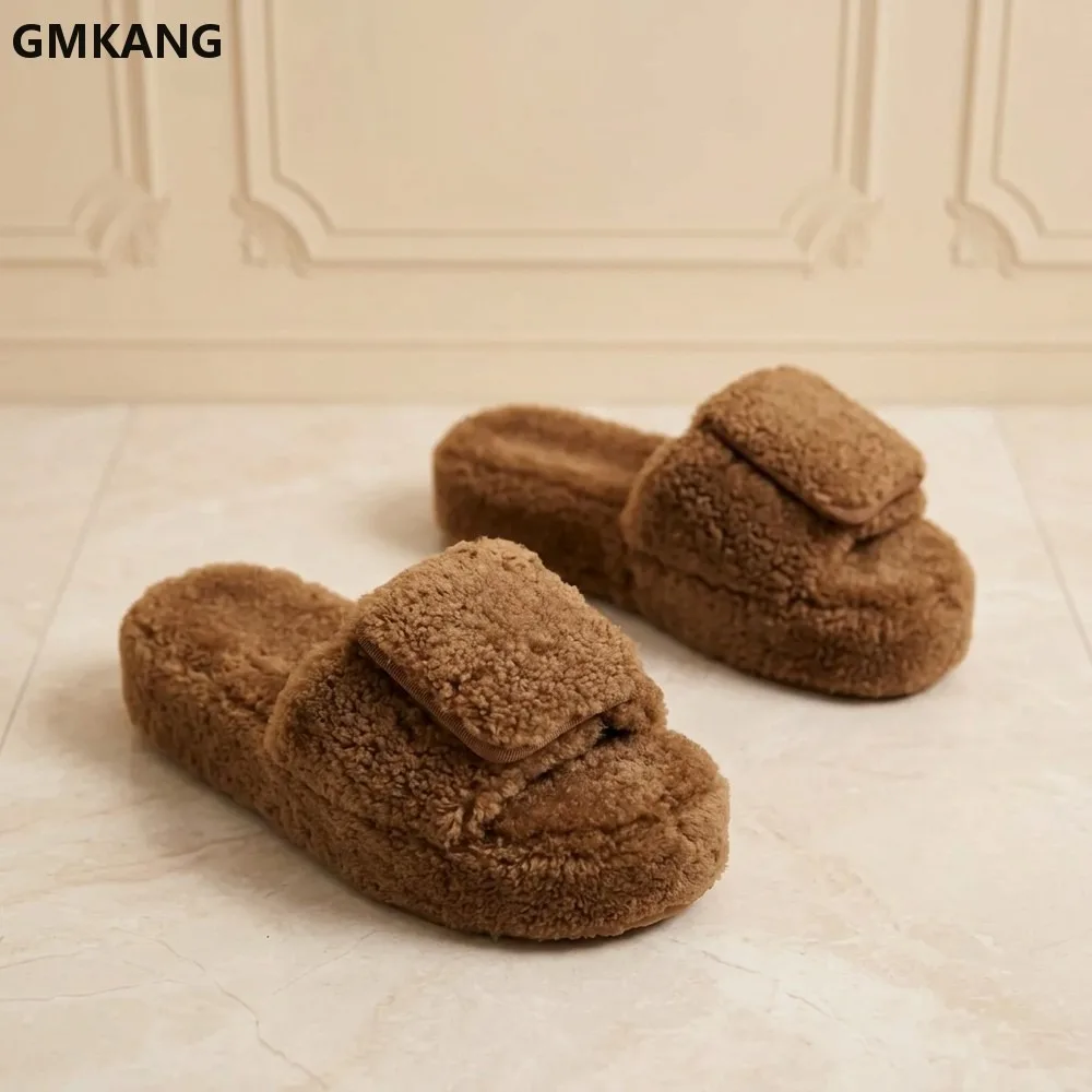 Women Fuzzy Platform Slide Slippers Open Toe Adjustable Strap Warm Winter Sandals Comfort Cushion Casual House Shoes