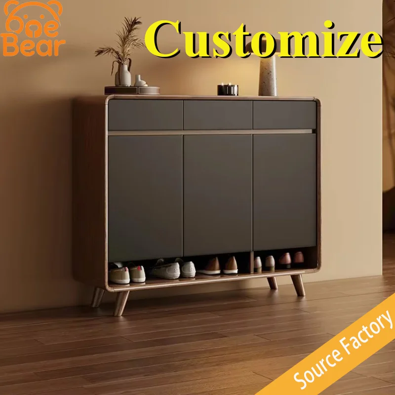 Customizable solid wood frame modern wall-mounted adjustable shoe cabinet for living room interior.