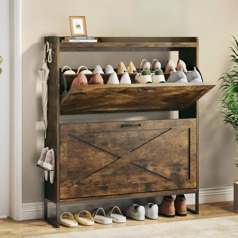 Shoe Cabinet with 2 Flip Drawers - Adjustable Shelving, Separate Storage Cabinet with Metal Legs for Entry, Narrow