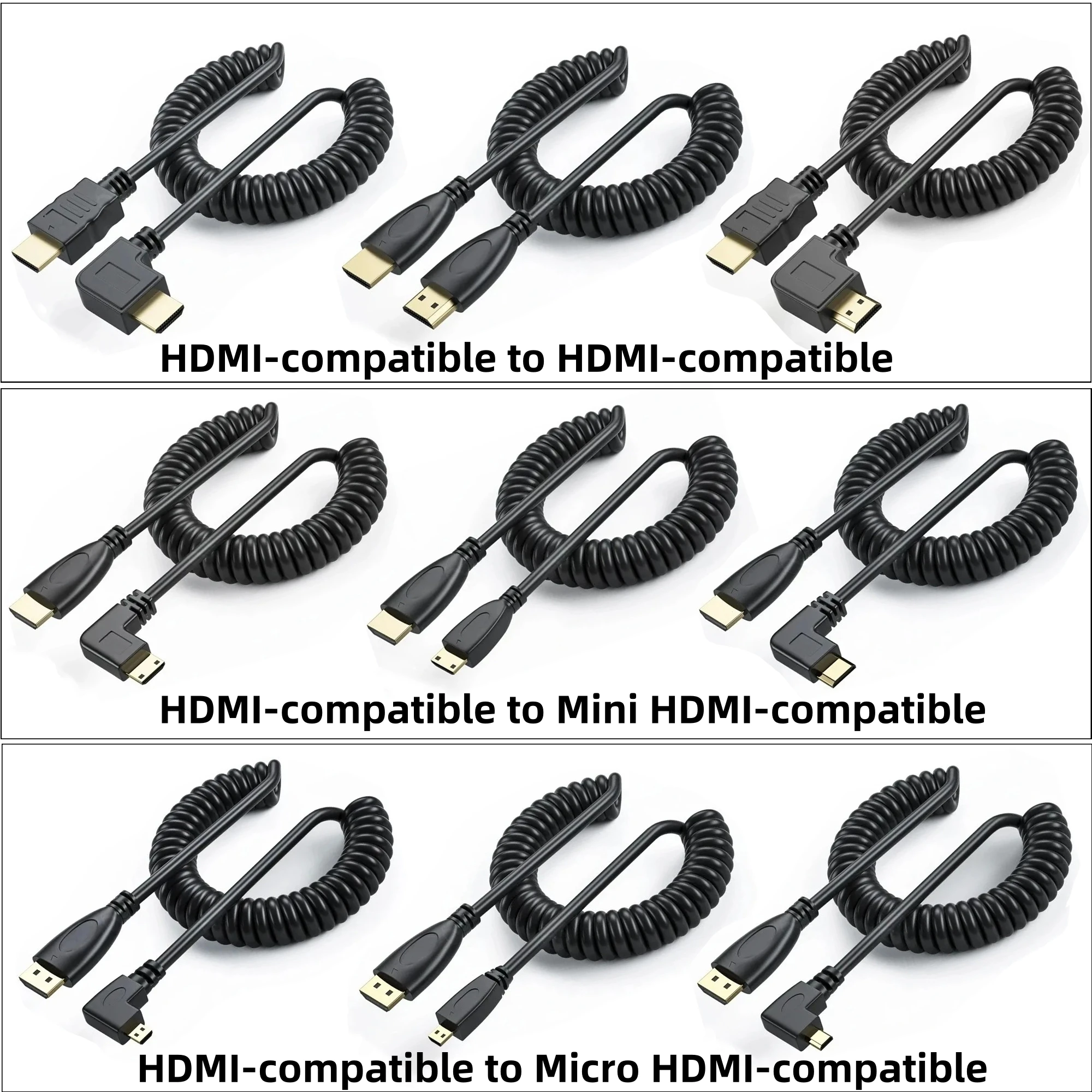 Left/Right Angled Mini/Micro HDMI-compatible Cable 1080P HDMI-compatible 1.4 Spring Curl for Nikon/Canon DSLR Camcorder Monitor​