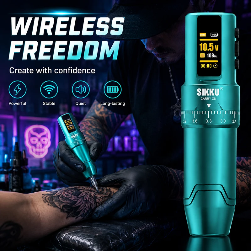 SIKKU Wireless Tattoo Machine LED Display 2.7-3.9mm Stroke Permanent Makeup