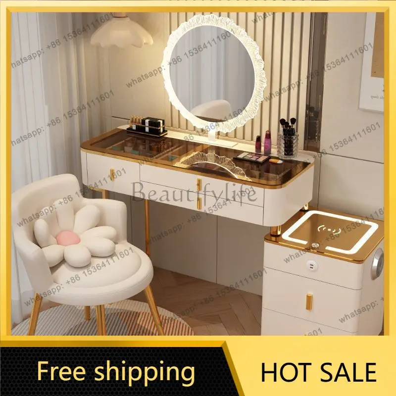 LDSmart Dressing Table Wireless Charging Makeup Vanity Table Mirror Bluetooth Speaker Wood Multifunction  Furniture