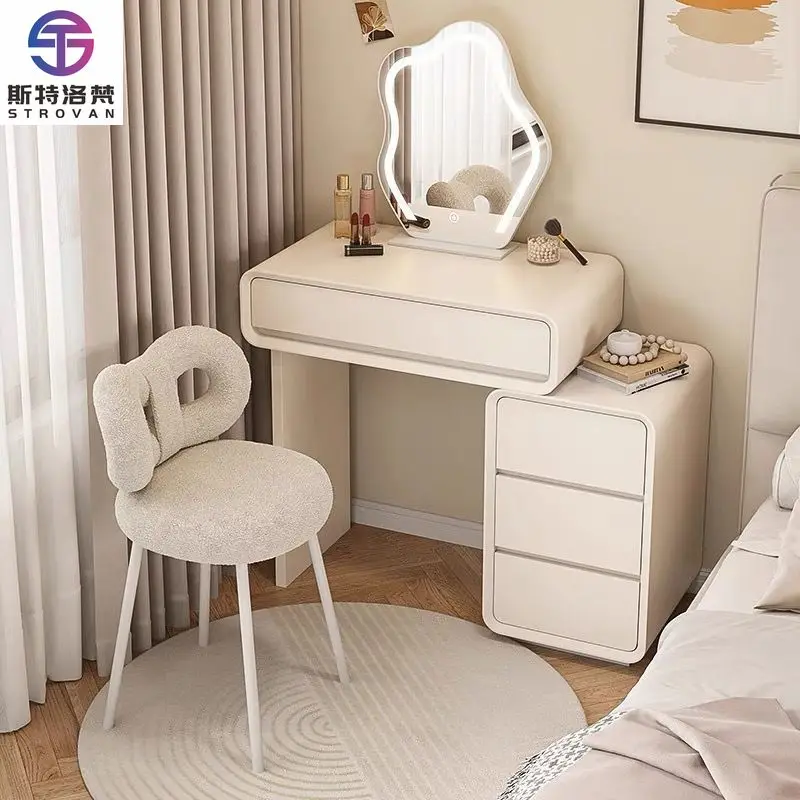 Modern Simple Light Luxury Solid Wood Cream Style Makeup Table Smart Bedroom Dressing Table Wireless Charging Cabinet for Small